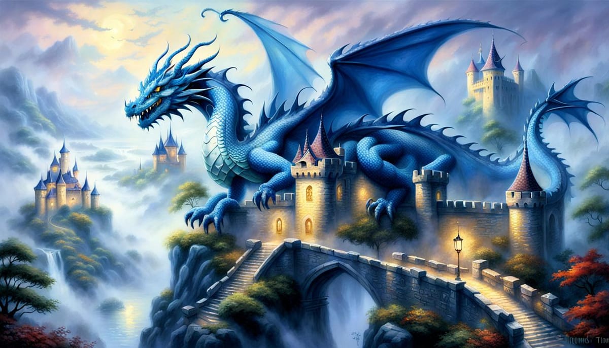 A mighty blue dragon draping itself over a castle