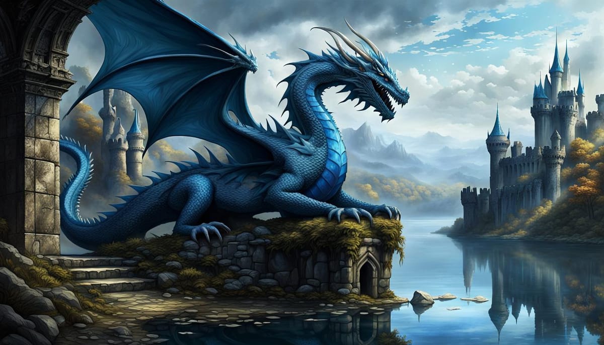 A beautiful blue dragon, fearsome and sitting on a castle-like structure.