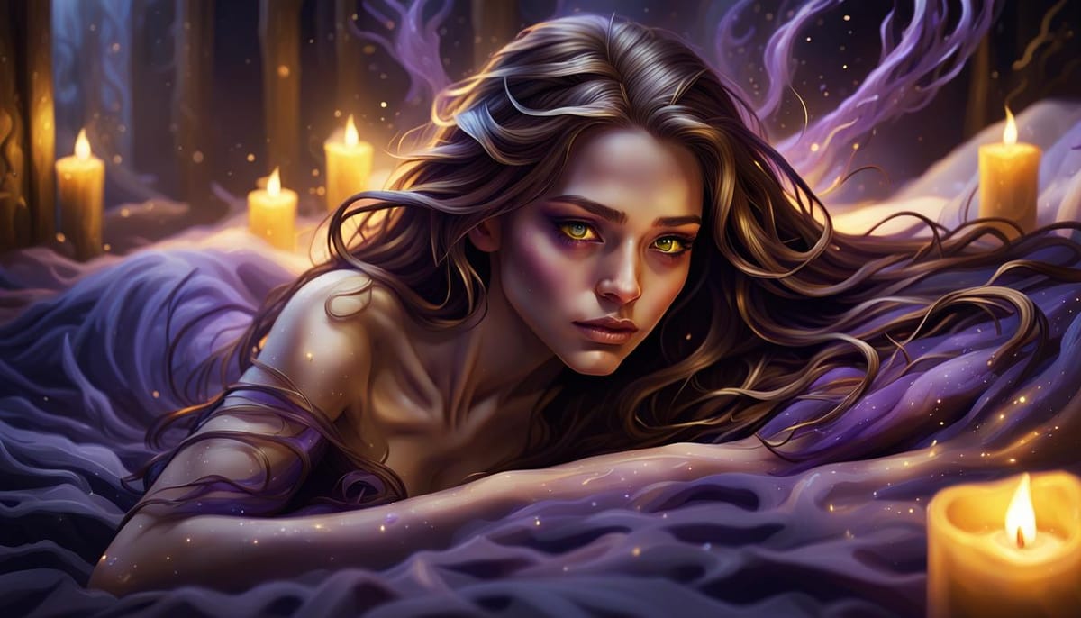 A beautiful woman with long curling brown hair.  She crouches on a bed with mysterious candles all around.