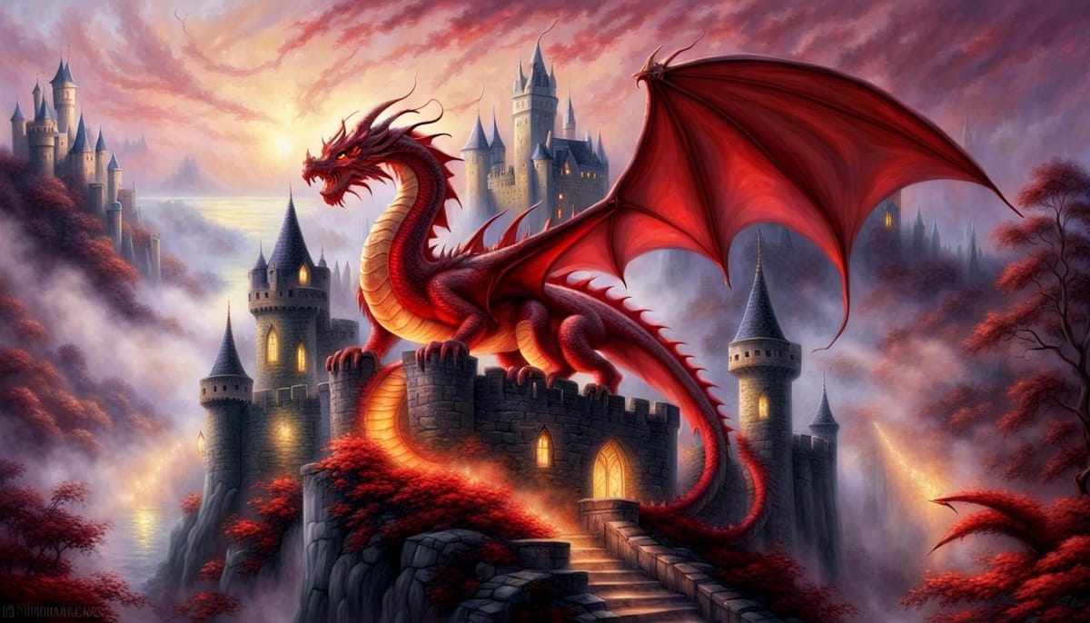 Beautiful red dragon on top of a castle