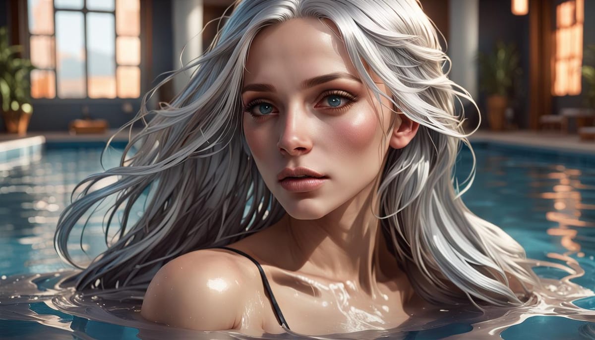 Gorgeous woman with long silver hair in the hotel swimming pool, looking dismayed.