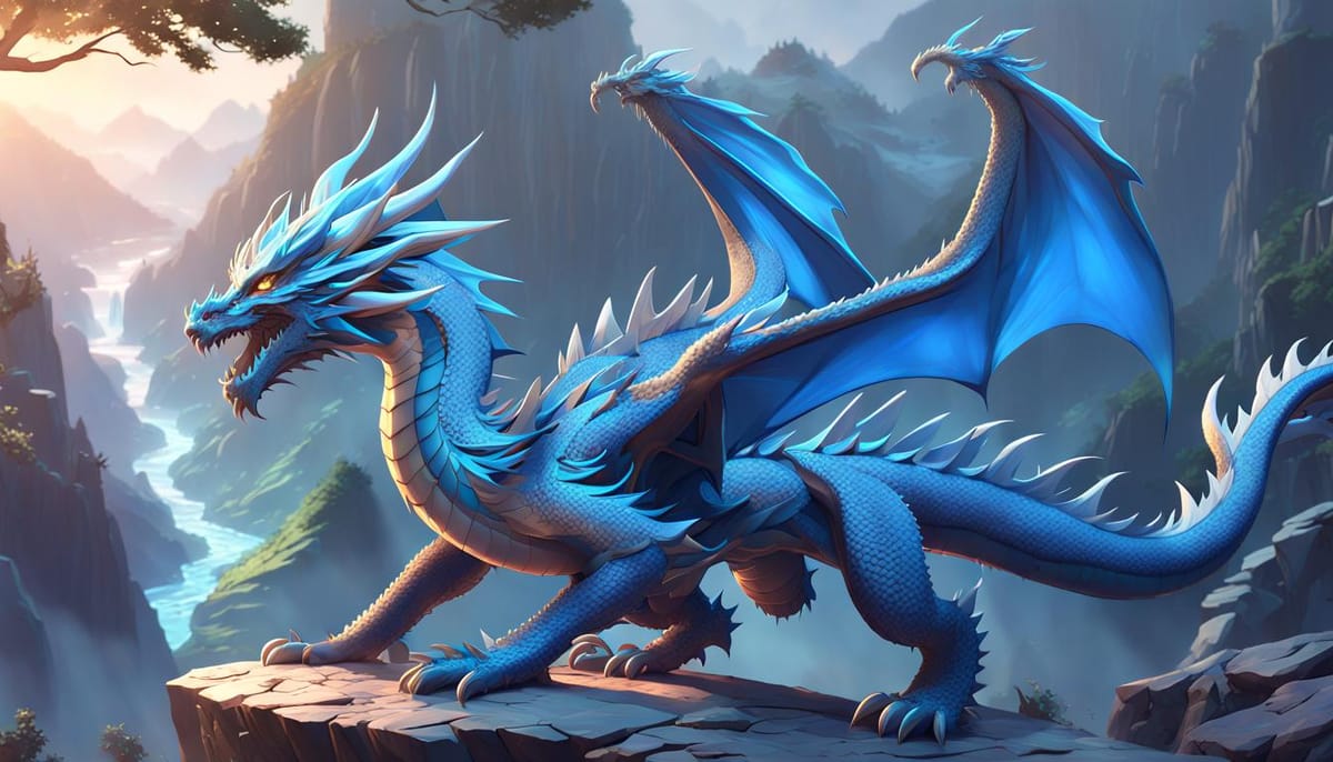 A fearsome but cool blue dragon perched on a cliff.