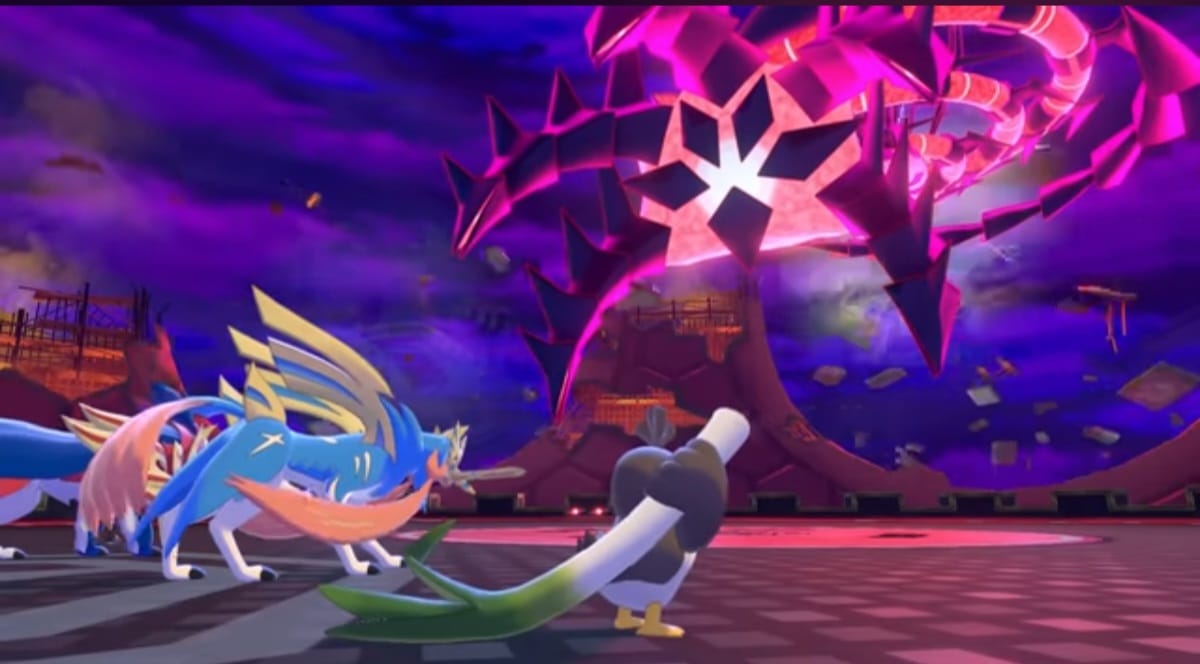 Pokemon Zacian, Zamazenta, and a Sir Fetch'd are battling against the poison dragon Eternatus.