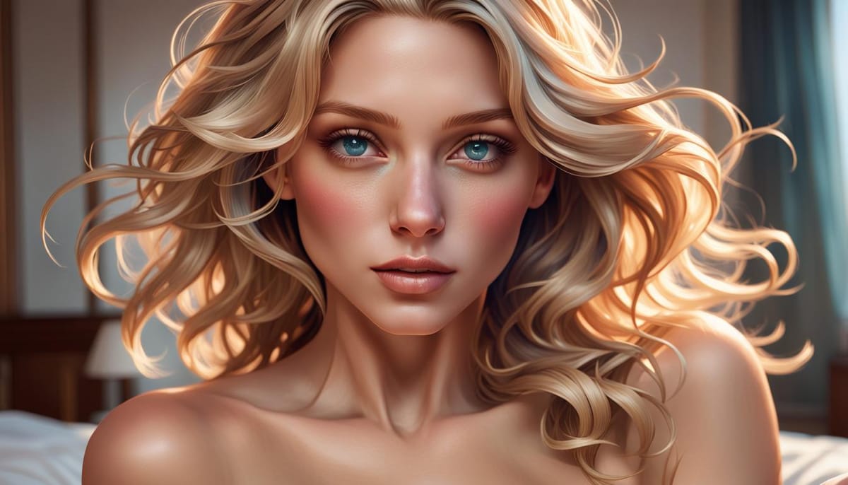 A gorgeous blond woman staring at you with sultry eyes.