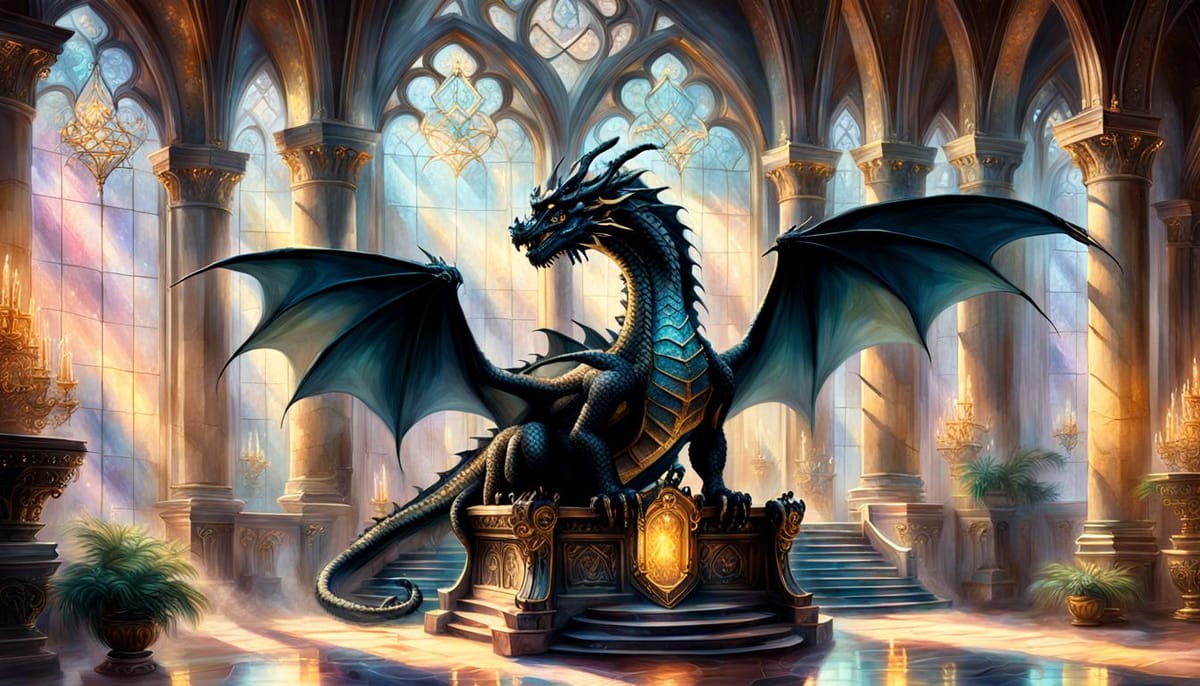 A cool black dragon inside a palace.