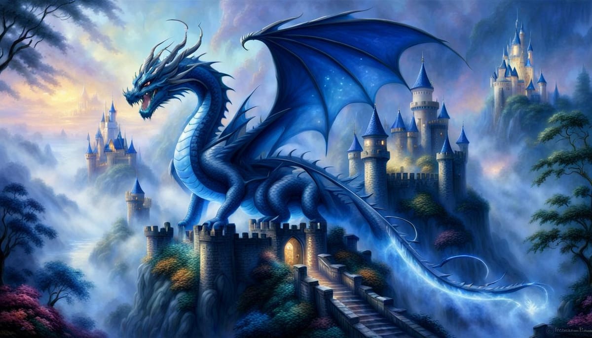 A cool blue dragon roaring next to a castle