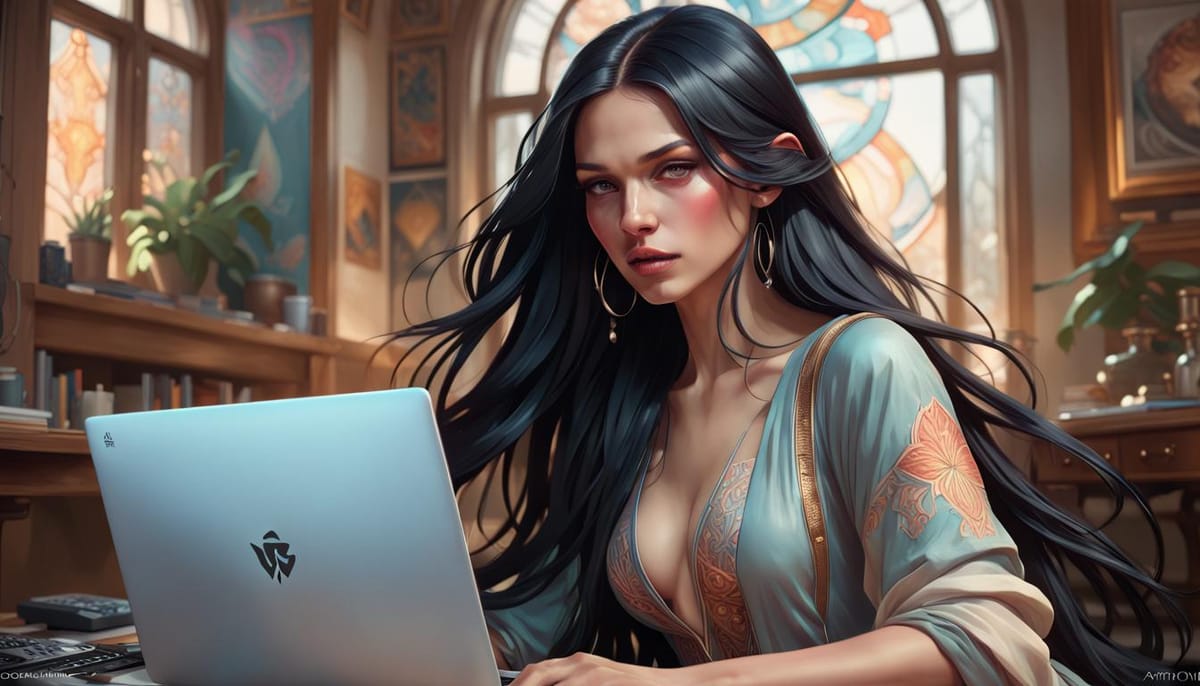 A gorgeous woman with long black hair at her laptop