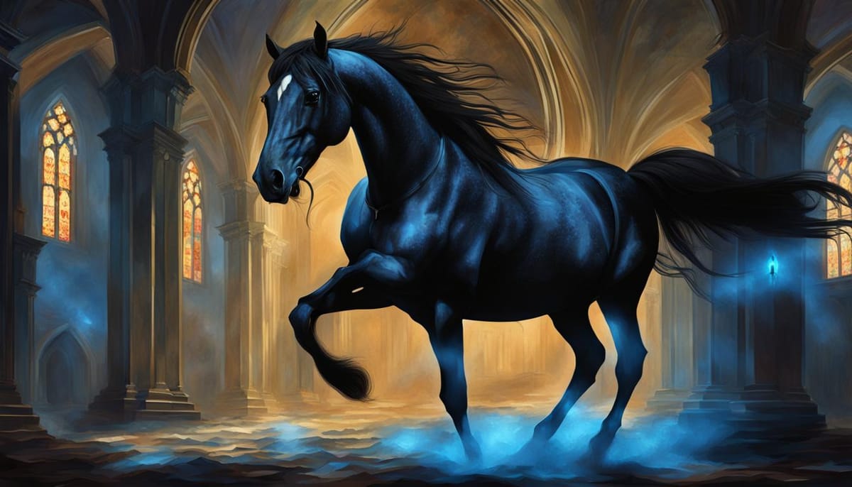 Black horse with blue sinister mist at her feet in church