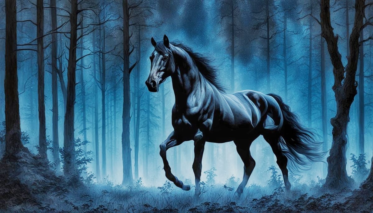 A pretty black horse in a blue forest