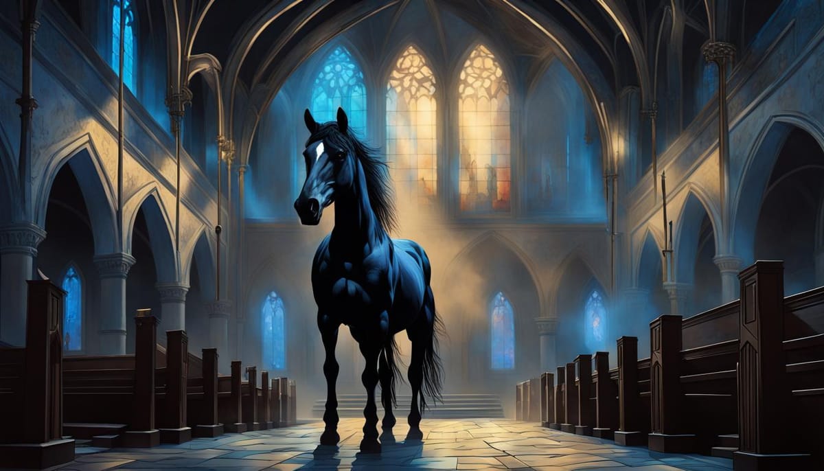 A pretty black horse standing in the middle of the church