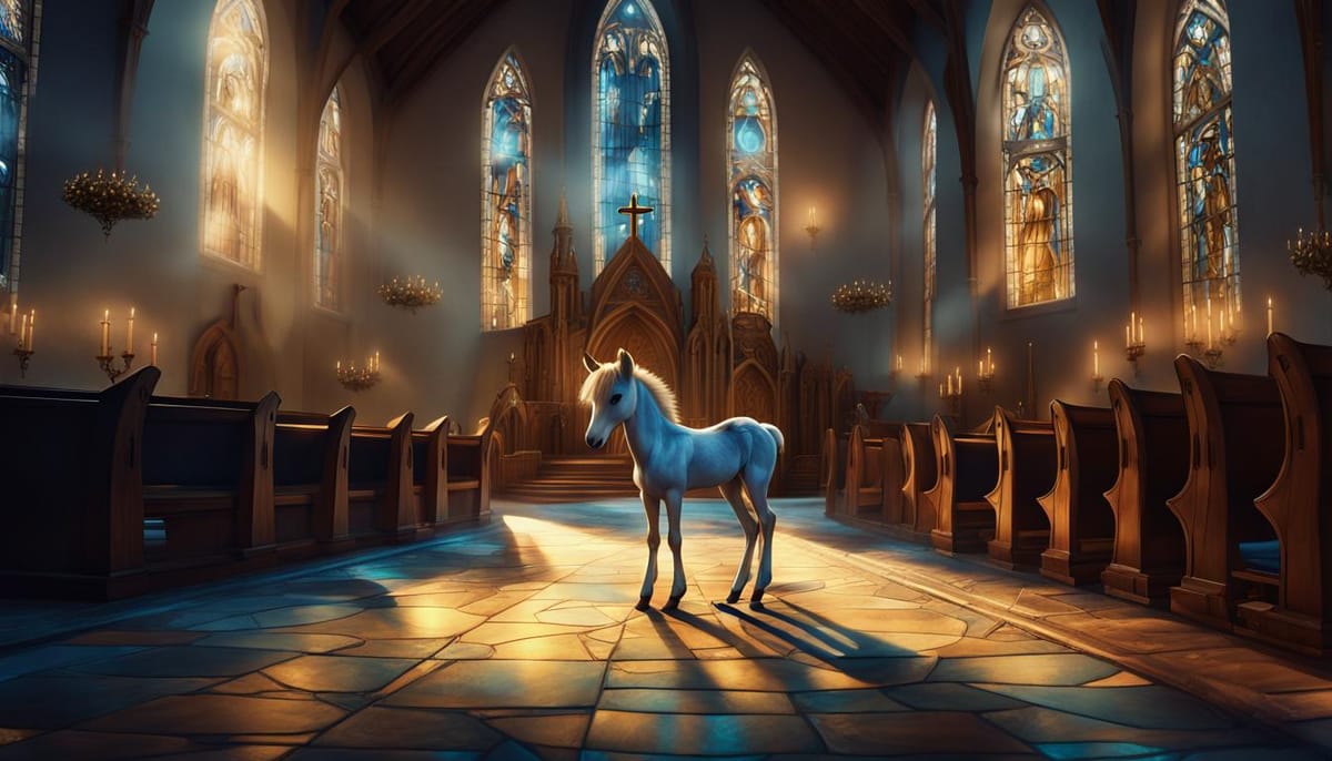 A cute foal inside a dusty church