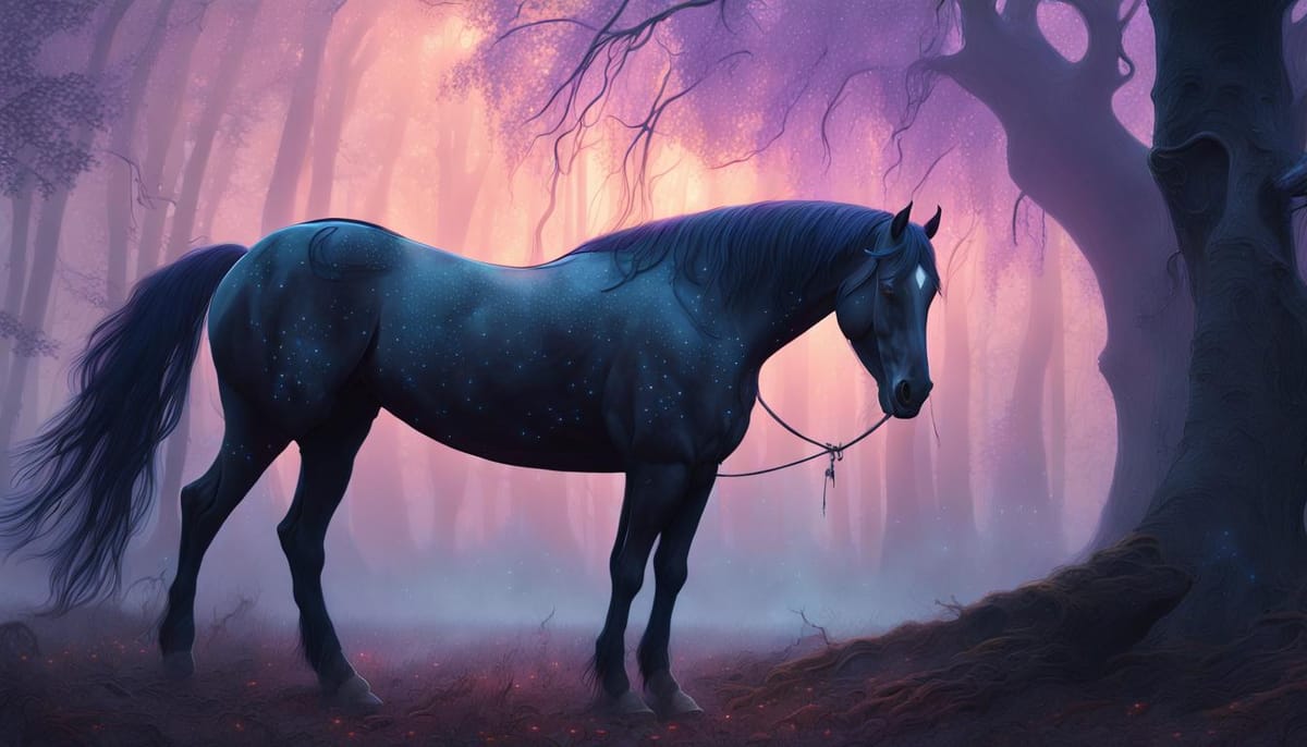 A pretty black horse with a rosy sunset behind it