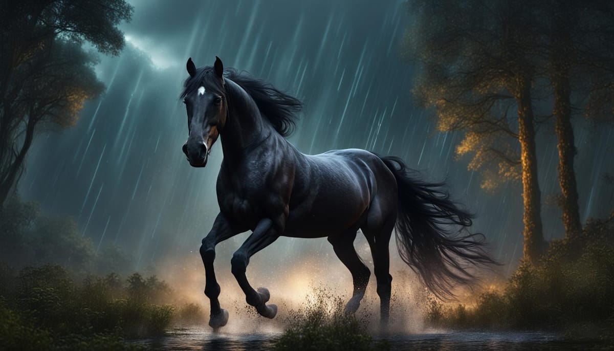 A gorgeous black horse galloping in the rain.