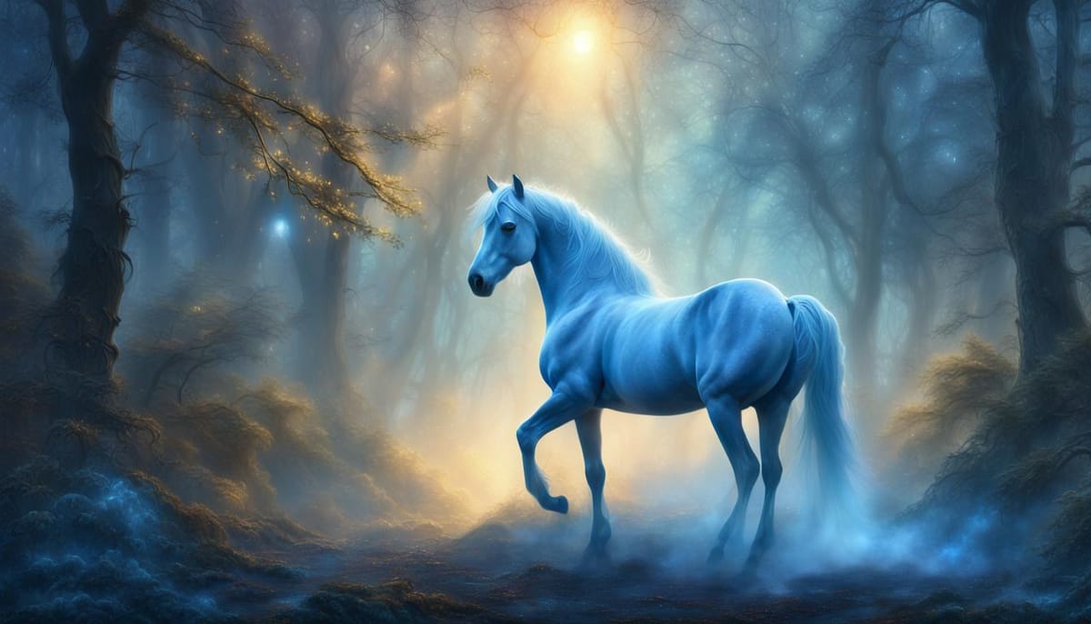 A pretty blue horse in a magical forest