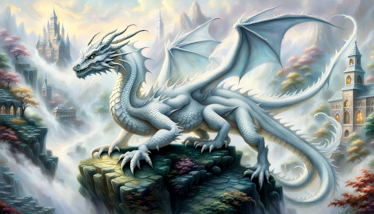 White dragon perched on a rock in a misty terrain