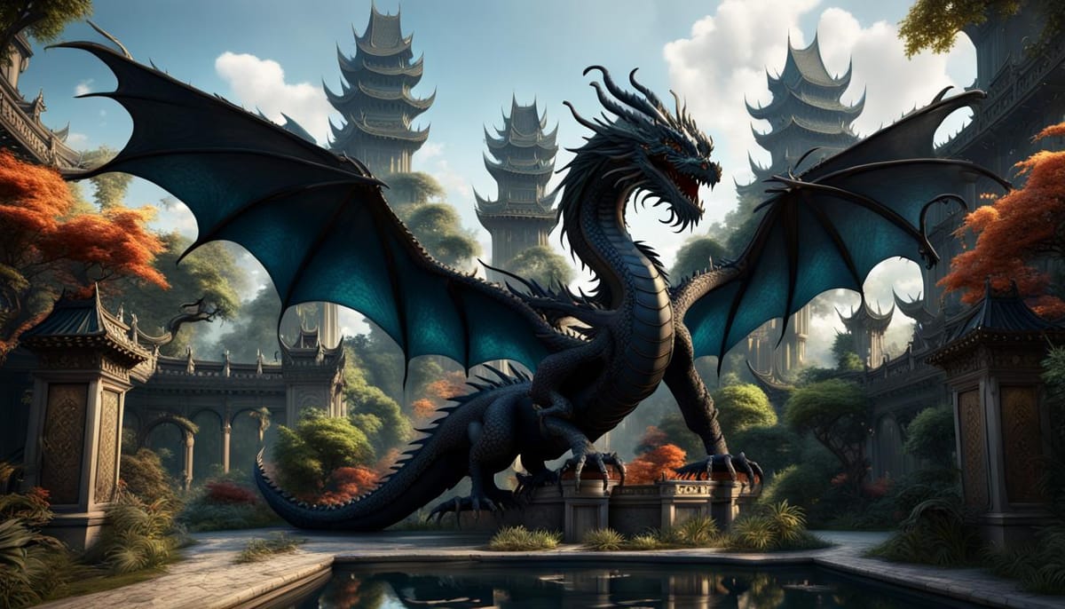 A fearsome black dragon in a garden