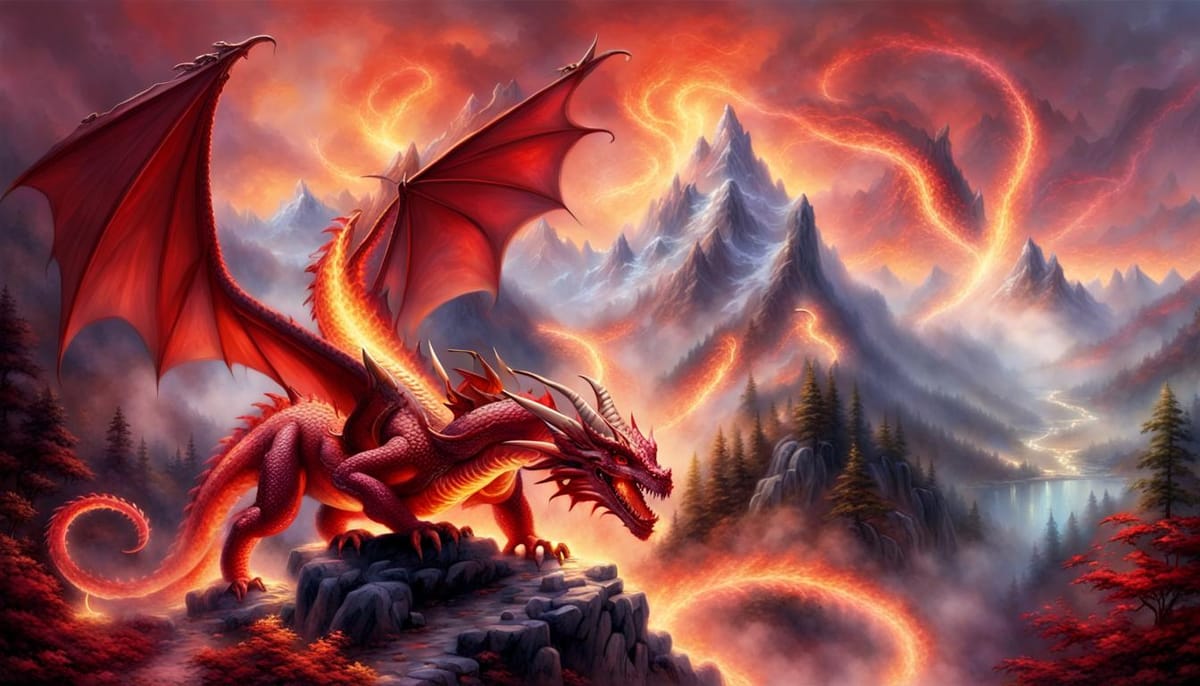 A fearsome red dragon with fire trails in the mountainous background