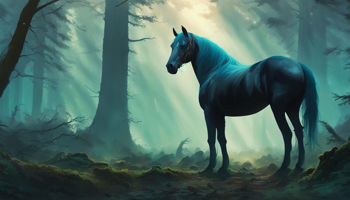 Beautiful black horse in eerie green light of a dark forest