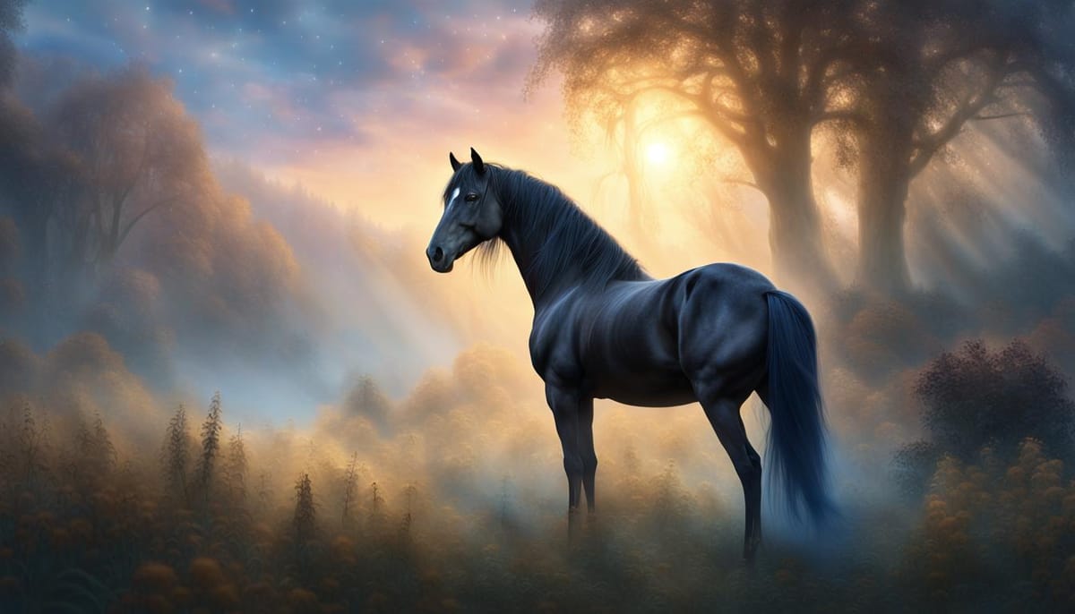 A pretty black horse in a hopeful, bright misty dark forest