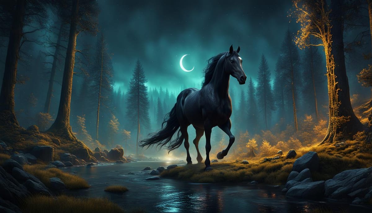 A beautiful black horse gallops through a magical-looking forest