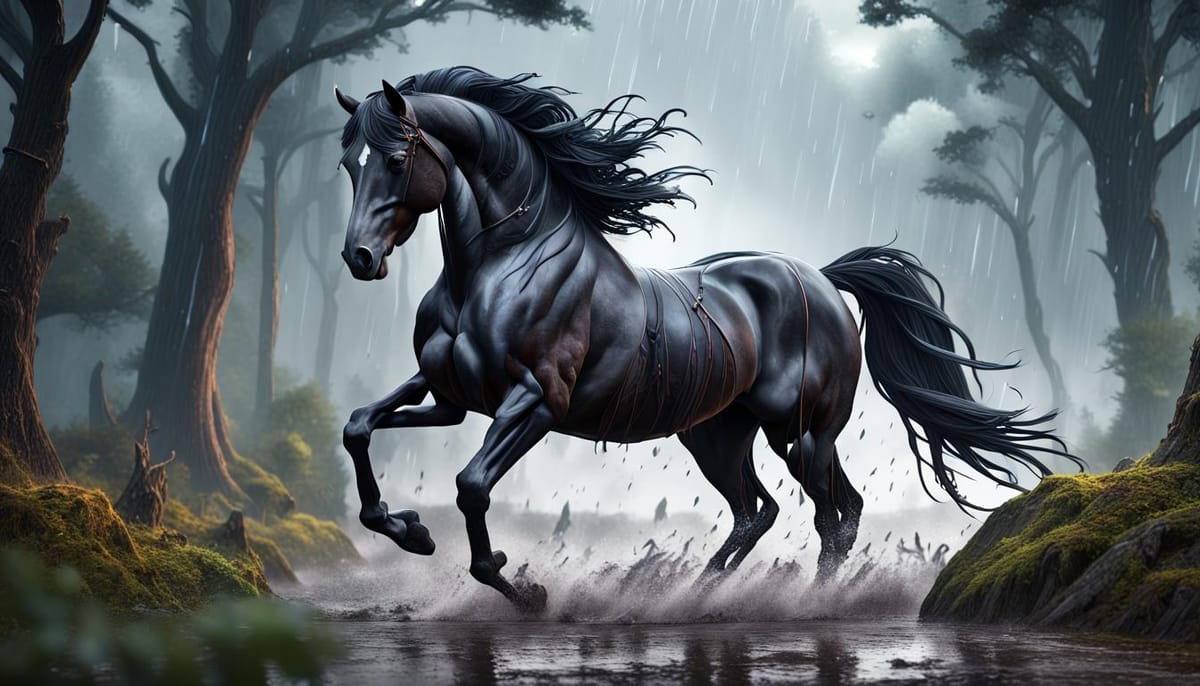 A black horse galloping in water