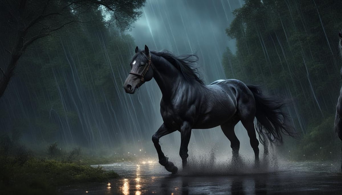 A beautiful black horse dashing through a forest in the rainstorm