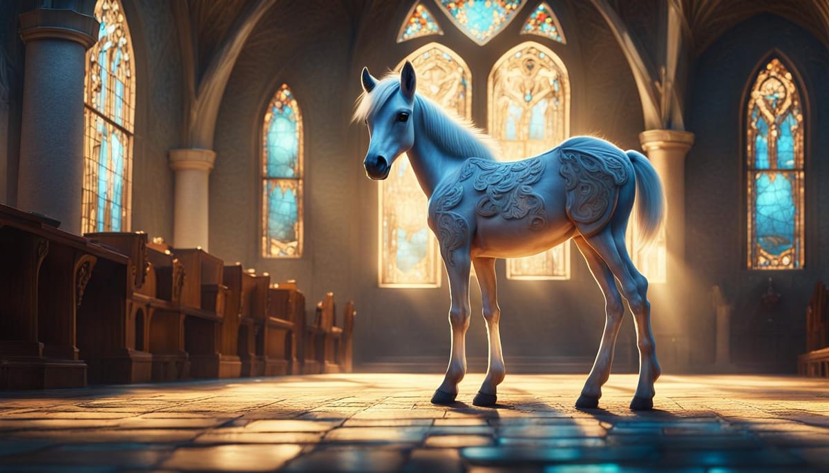 A cute colt standing inside a church