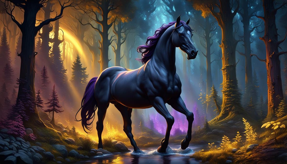 Beautiful black horse in a forest