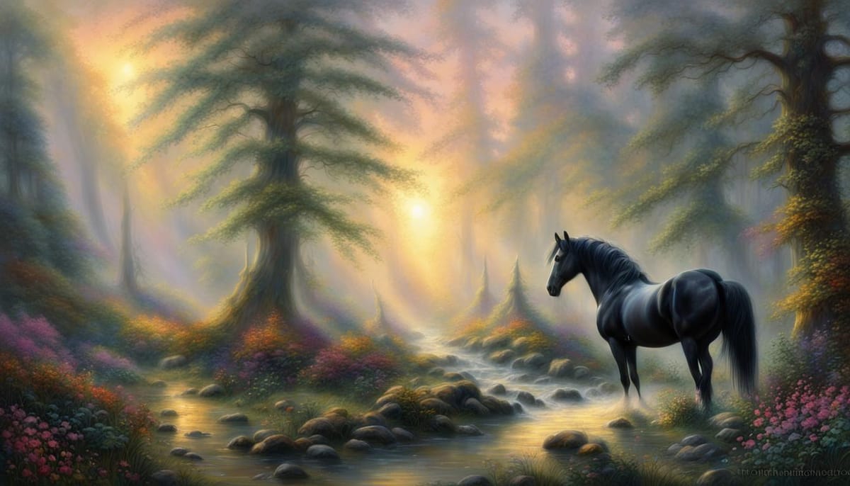 A pretty black mare in a misty and hopeful, bright woods.