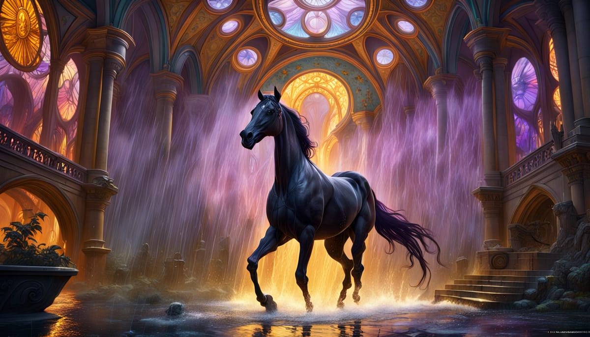 A black horse inside a holy place