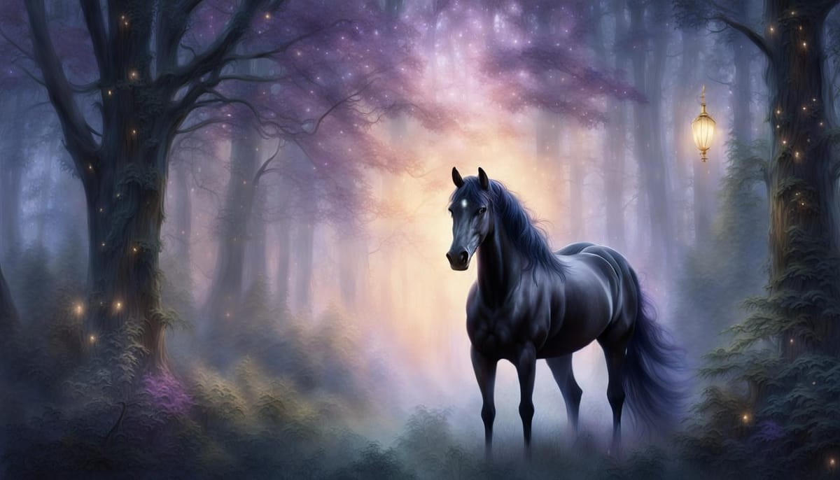 Beautiful black horse in a magical misty forest