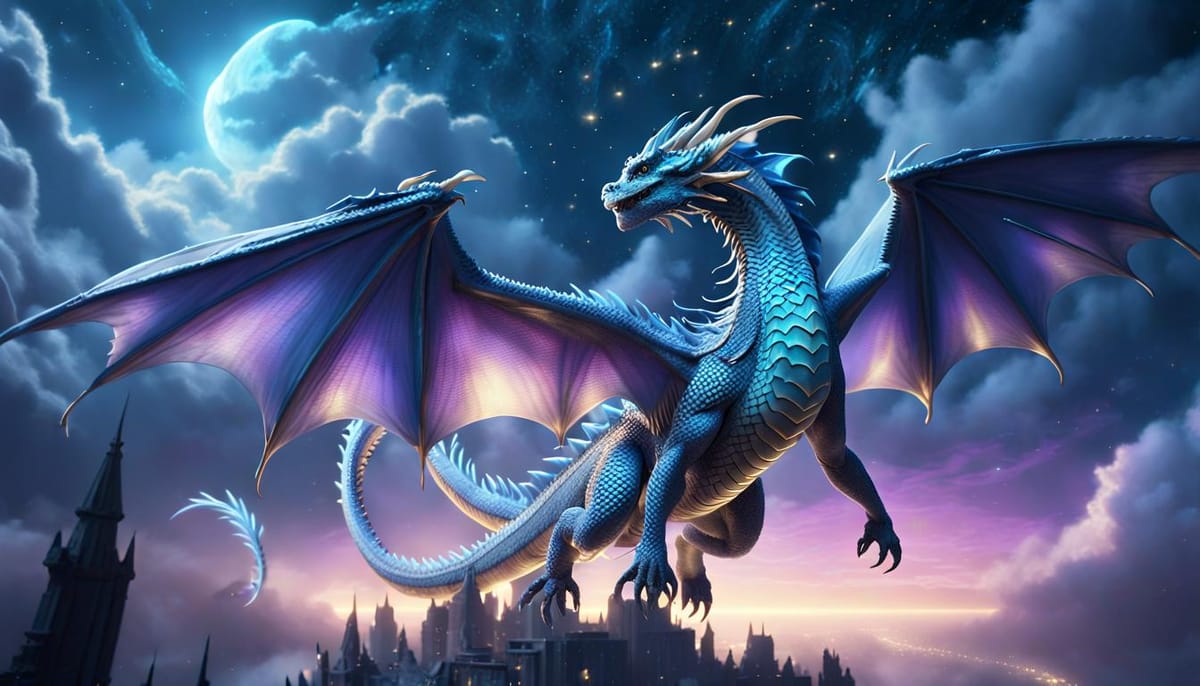 A beautiful blue dragon with wings outstretched