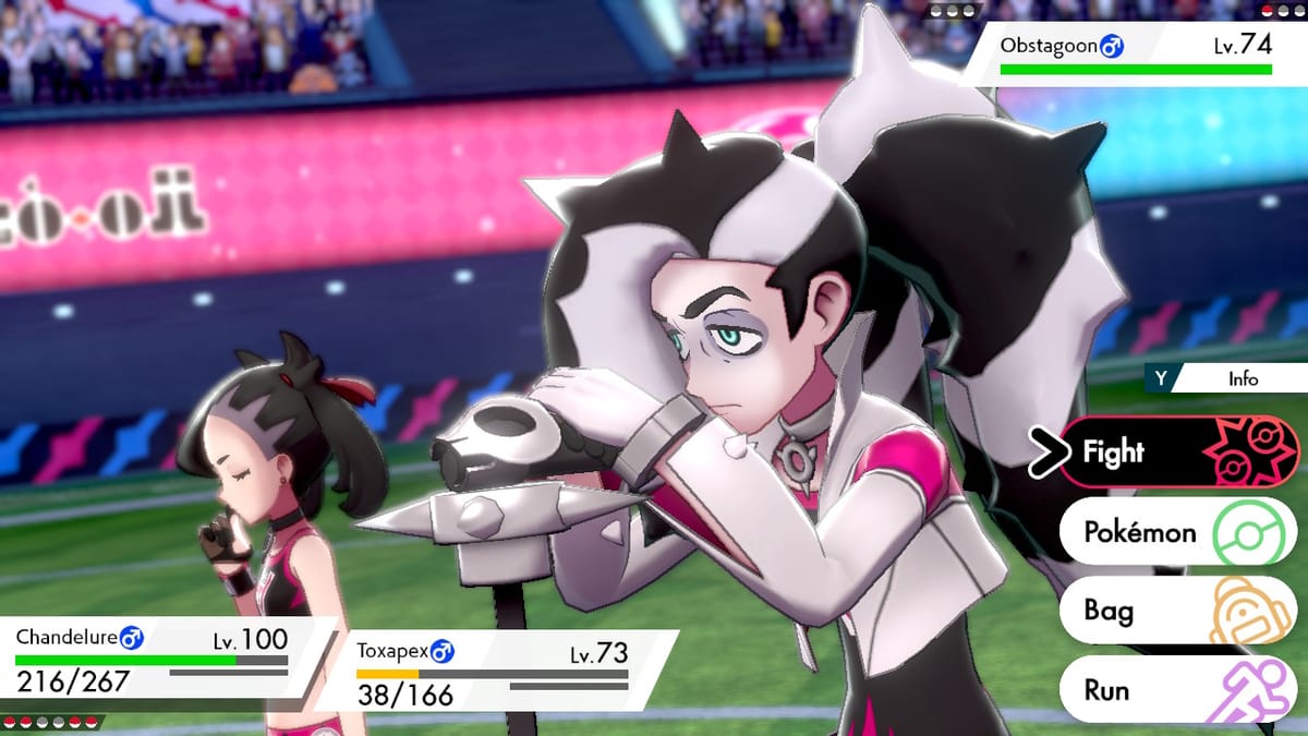 Piers, with long black and white spiky hair, battles alongside his sister Marnie in the Galarian Star Tournament.