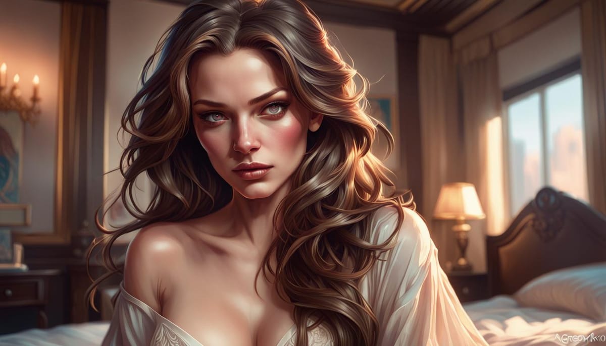 A beautiful brunette woman with long hair at a hotel bedroom, staring angrily yet seductively at you.