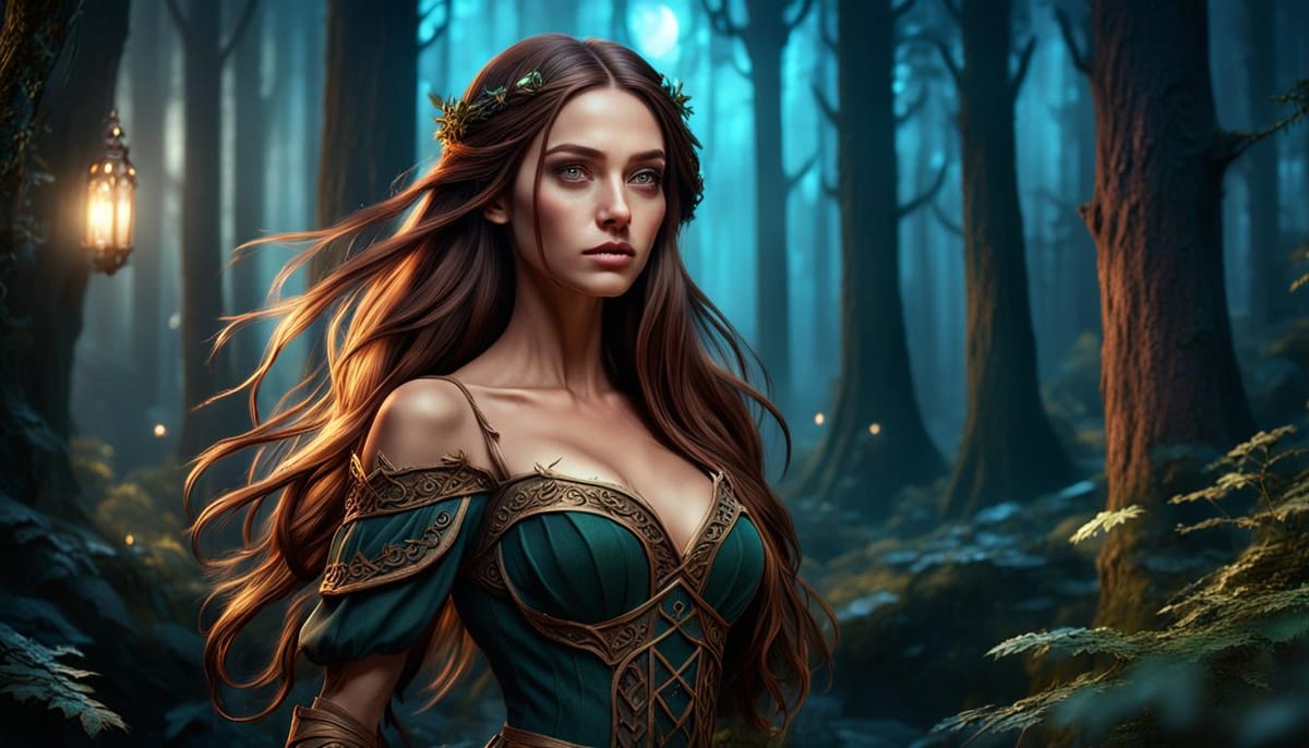 A gorgeous brunette woman with a green gown in a magic forest