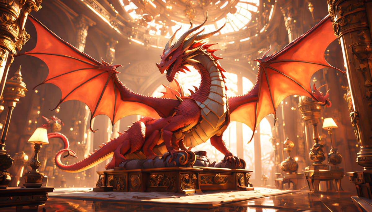 Brilliant red dragon in a golden hall