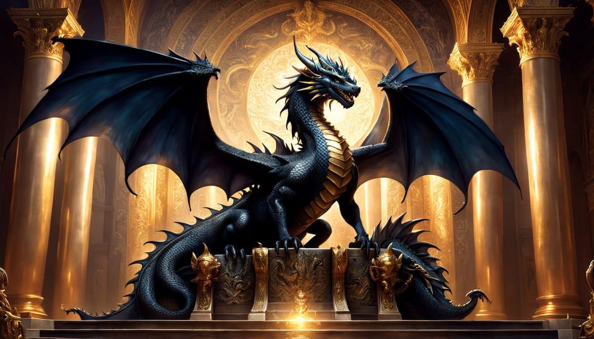 A cool black dragon in a golden hall