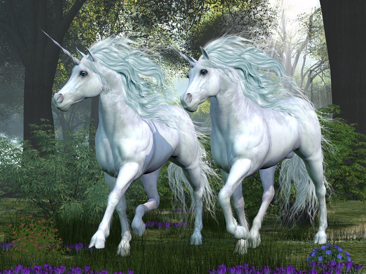 Two gorgeous white unicorns striding side by side through the forest.