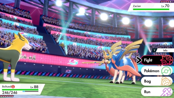 A vibrantly colored Pokemon battle stadium, of a Boltund vs a Zacian.